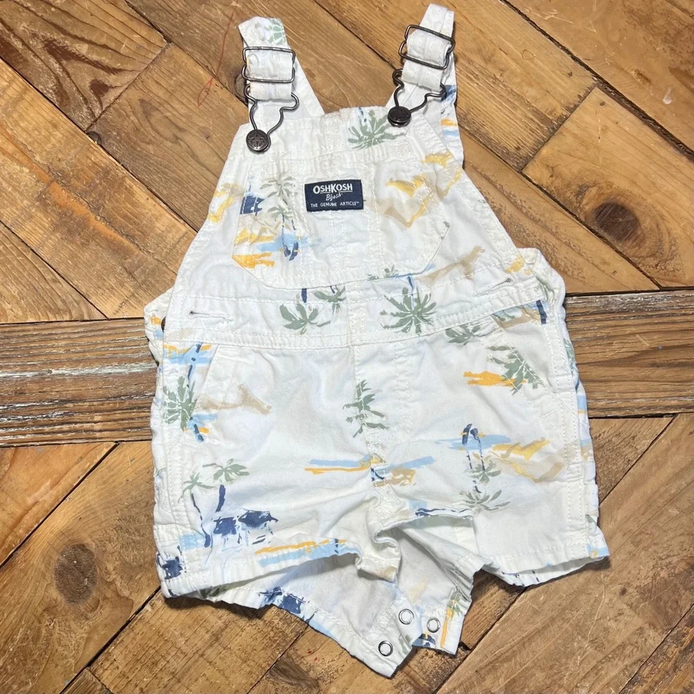 OshKosh‎ B'gosh Baby Boys Girls White Tropical Print Shortalls Size 6M